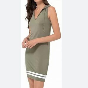 Michael Kors Olive Green Sleeveless Hoodie Sheath Dress with White Stripe